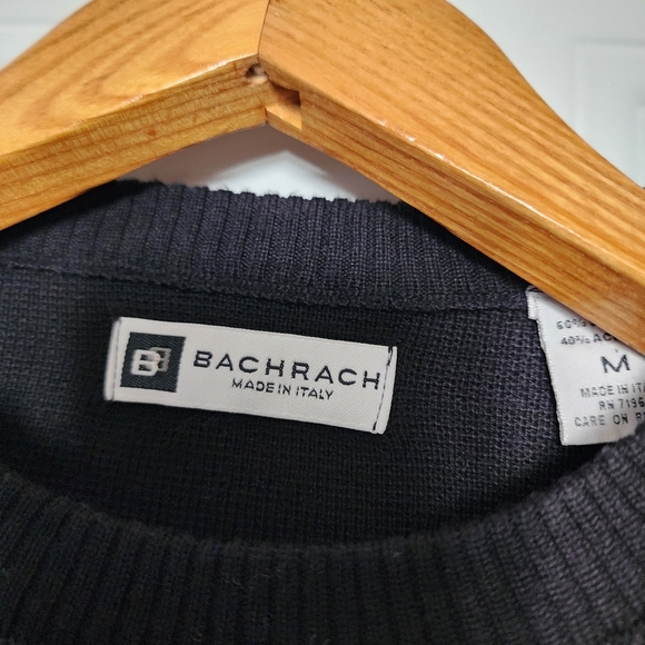 Bachrach Men's M Wool Blend Argyle Geometric Crewneck Sweater Black White Medium - Picture 5 of 8